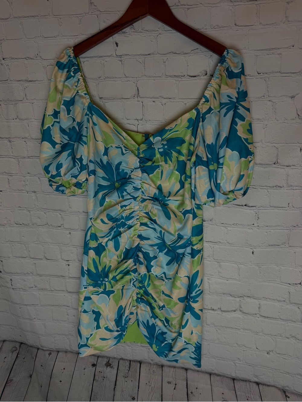 Seven Wonders Teal & Lime Floral Puff-Sleeve Mini Dress Size 8